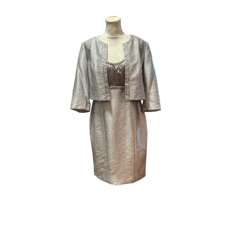 Adrianna Papell Occasions Silver Metallic Sequin Dress & Cropped Jacket Sz 12